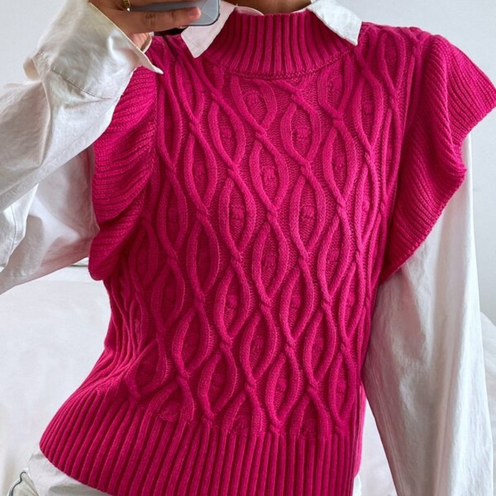 CHIC DOLLZ Cable Knit Ruffle Trim Sweater Vest PI - Picture 5 of 6